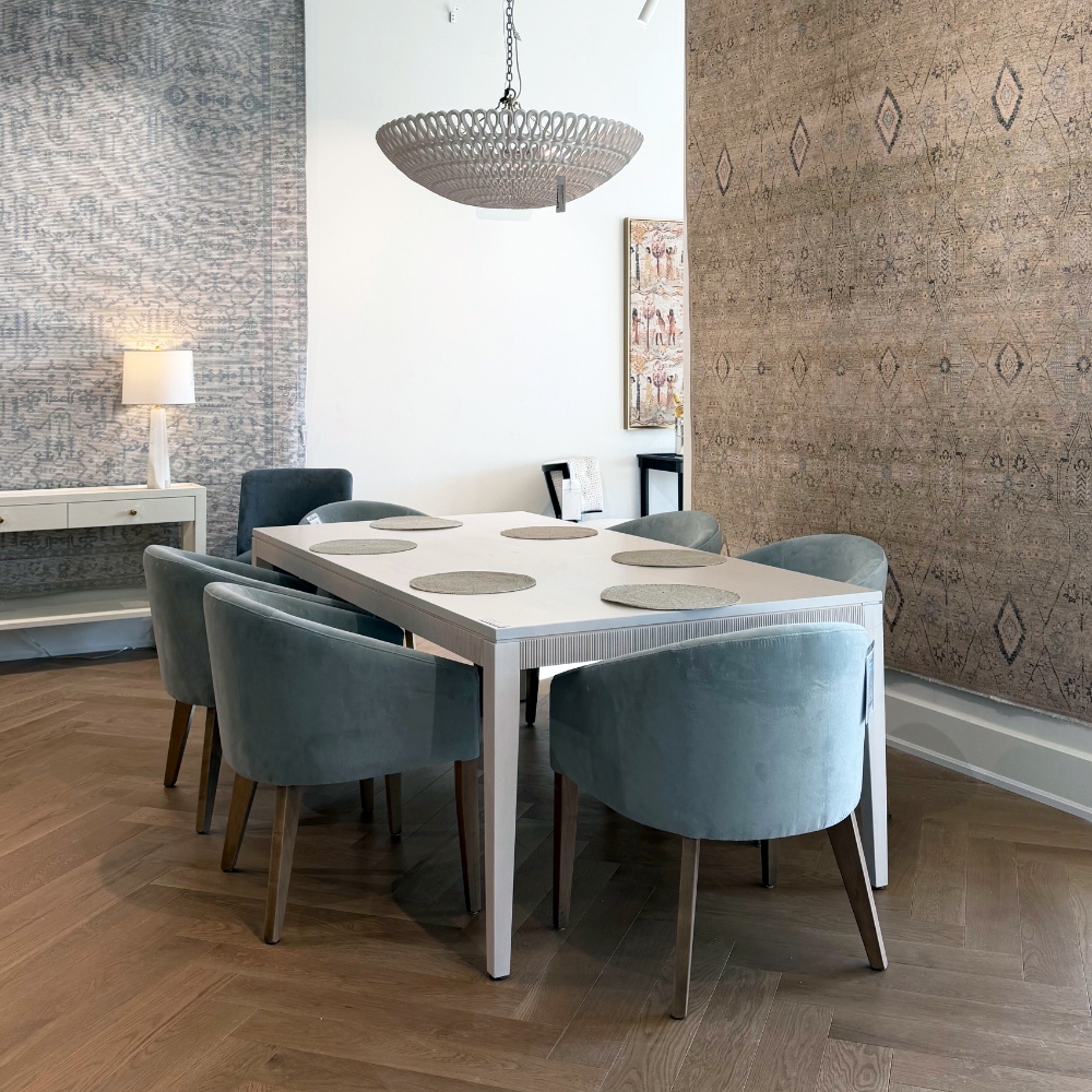 Dining table with upholstered chairs
